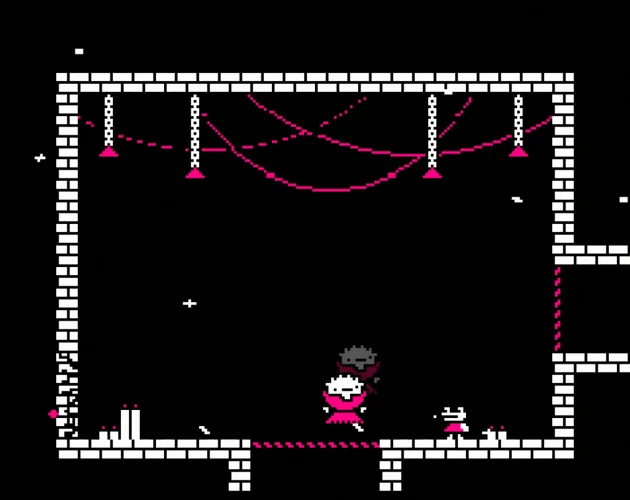 vvrr cover art showing pixel-art characters in a dark room with white bricks and pink banners